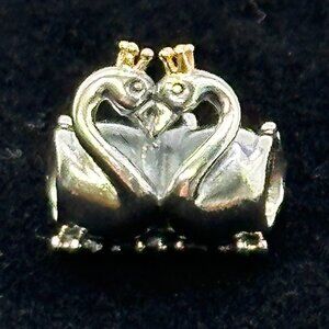 Pandora Authentic Retired .925 “Swan Embrace” Charm w/ 14K Gold Crowns
